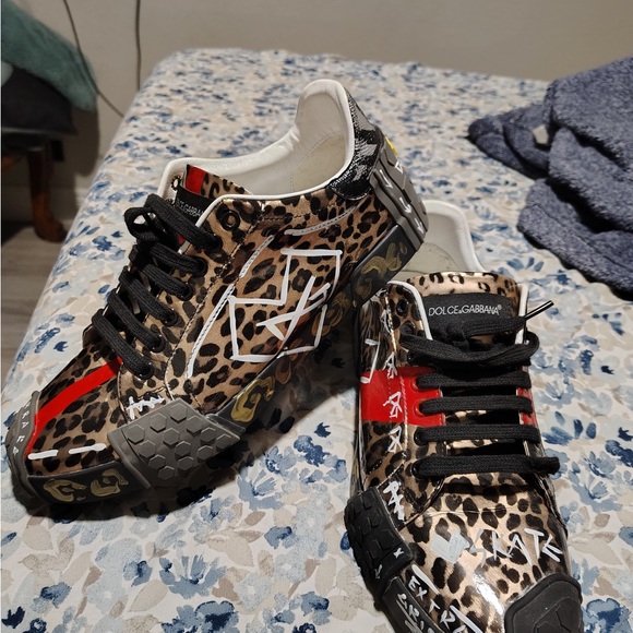 Dolce & Gabbana Other - Dolce & Gabbana Graffiti Leopard Sneakers with Red and Black